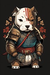 Samurai Armor American Pit Bull Terrier dog Chibi Illustration: Cute and Dynamic Anime-Style Animal Warrior in Traditional Japanese Attire, Ideal for Anime and Japanese Culture Fans (Generative AI