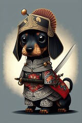 Chibi Anime Illustration of Dachshund dog in Japanese Samurai Armor: Playful Adorable Design Featuring Cute Animal in Traditional Battle Gear, Perfect for Manga Fans (Generative AI