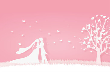 lover in wedding dress hugging on the meadow with origami hearts and tree. valentine, paper art in pink and white background.