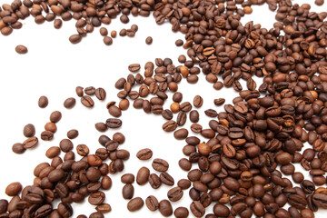 Roasted coffee beans isolated on white background.