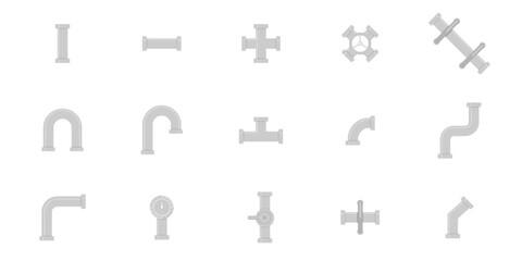 Set of plumbing pipe hardward icon. Construction connection technical pressure plumbing systems. Silhouette flat vector 512x512 pixels.