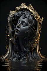 portrait of Aquarius, girl, zodiac sign, gold and black, decorated with gothic lace and precious stones, fantasy generated by AI