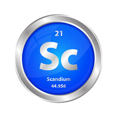 Icon structure Scandium (Sc) chemical element round shape circle blue. Chemical element of the periodic table. Sign with atomic number. Study in science for education. 3D vector illustration.	