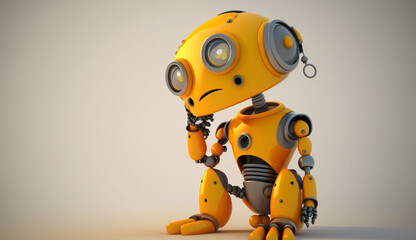 Yellow cartoon robot thinking about something, futuristic cute robot standing and thinking 