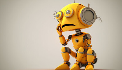 Yellow cartoon robot thinking about something, futuristic cute robot standing and thinking 