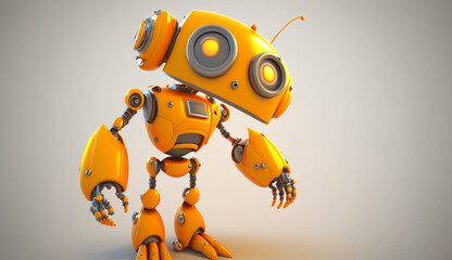 Yellow cartoon robot thinking about something, futuristic cute robot standing and thinking 