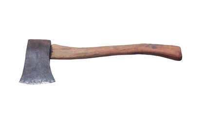 Old rust dirty dark gray axe with brown wooden handle isolated on white background with clipping path
