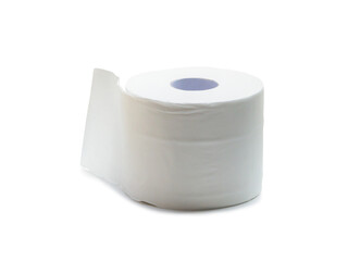 Close up photo of single roll of white tissue paper or napkin prepared for use in toilet or restroom isolated on white background with clipping path and shadow in png format