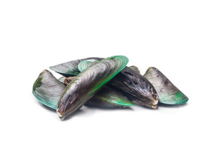 Raw food of fresh green mussels in stack isolated on white background with clipping path and shadow in png format © nathamag11
