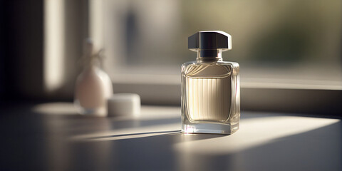 Bote de perfume sobre fondo neutro. IA generativa 