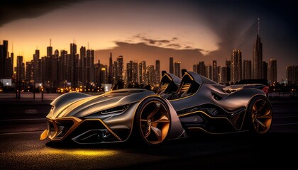 Obraz na płótnie Canvas Most Extreme Production Super Car On The Planet standing on the road at sunset. Generative AI