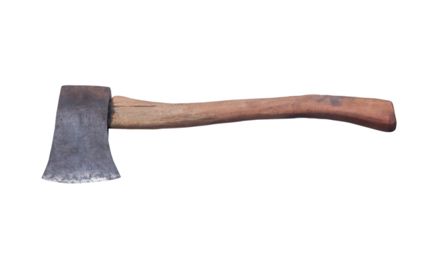 Old rust dirty dark gray axe with brown wooden handle isolated with clipping path in png format