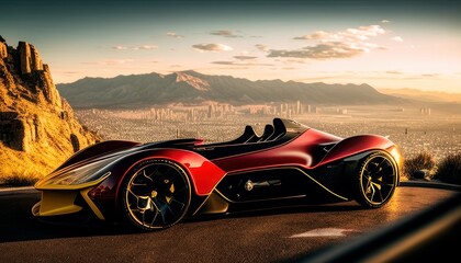 Obraz na płótnie Canvas Most Extreme Production Super Car On The Planet standing on the road at sunset. Generative AI