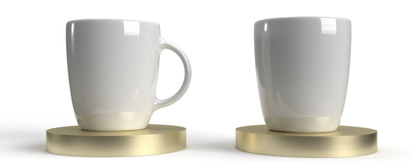 2 simple ceramic coffee mugs on a gold plate. Mockup / transparent and high resolution - ideal for text, logo or image.