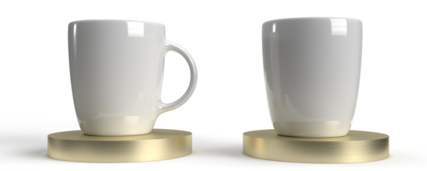 2 simple ceramic coffee mugs on a gold plate. Mockup / transparent and high resolution - ideal for text, logo or image.