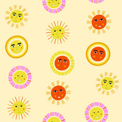Smiling sun, abstract personage, mascot design, funny face, cute icon.