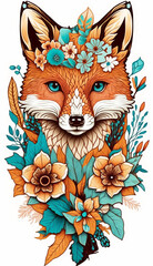 Cute fox head in flowers