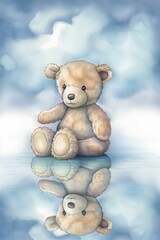 a teddy bear airbrush painting with its reflection. AI Generative