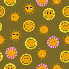 Smiling sun, abstract personage, mascot design, funny face, cute icon.