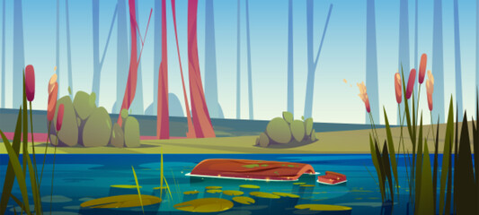 Green swamp and cattail near lake vector background. Forest pond with floating wooden log, bush and bulrush. Dirty water in river cartoon illustration for fantasy game. Wild nature calm landscape