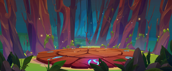 Cartoon game platform in old forest. Vector illustration of large stone circle arena with blue neon glowing ancient signs, surrounded by trees, bushes and green grass. Fantasy portal for magic ritual