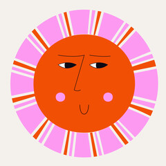 Smiling sun, abstract personage, mascot design, funny face, cute icon.