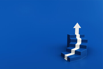 White arrow up with blue stair on blue floor background, 3D arrow climbing up over a staircase , 3d stairs with arrow going upward, 3d rendering © AITTHIPHONG