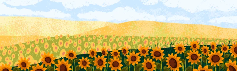 Foto op Plexiglas Sunflowers field, summer landscape background. Yellow sun flowers,nature panorama. Blooming agriculture land, floral crop plant. Blossomed plantation on hills, scenery. Flat vector illustration © Good Studio