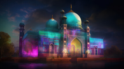 Modern watercolor painting of a colorful mosque, generative ai