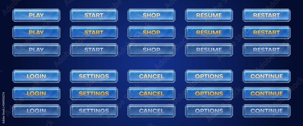 Poster vector game medieval button sprite set for animation. play, start, continue and cancel click action 