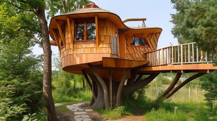 unique small house exterior lying on the tree wooden material