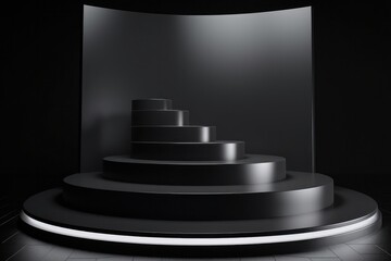 Obraz premium Black podium with three steps in dark room, 3d render illustration