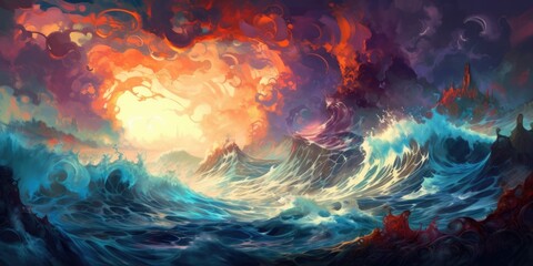 Fototapeta na wymiar Colorful sunset seascape surreal hurricane stormy sea, turbulent ocean surf, high waves crashing, dramatic fiery clouds - generative AI