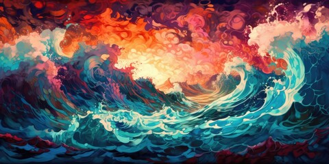 Colorful sunset seascape surreal hurricane stormy sea, turbulent ocean surf, high waves crashing, dramatic fiery clouds - generative AI