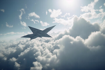 Fototapeta na wymiar paper military fighter flying among the clouds, Generative AI