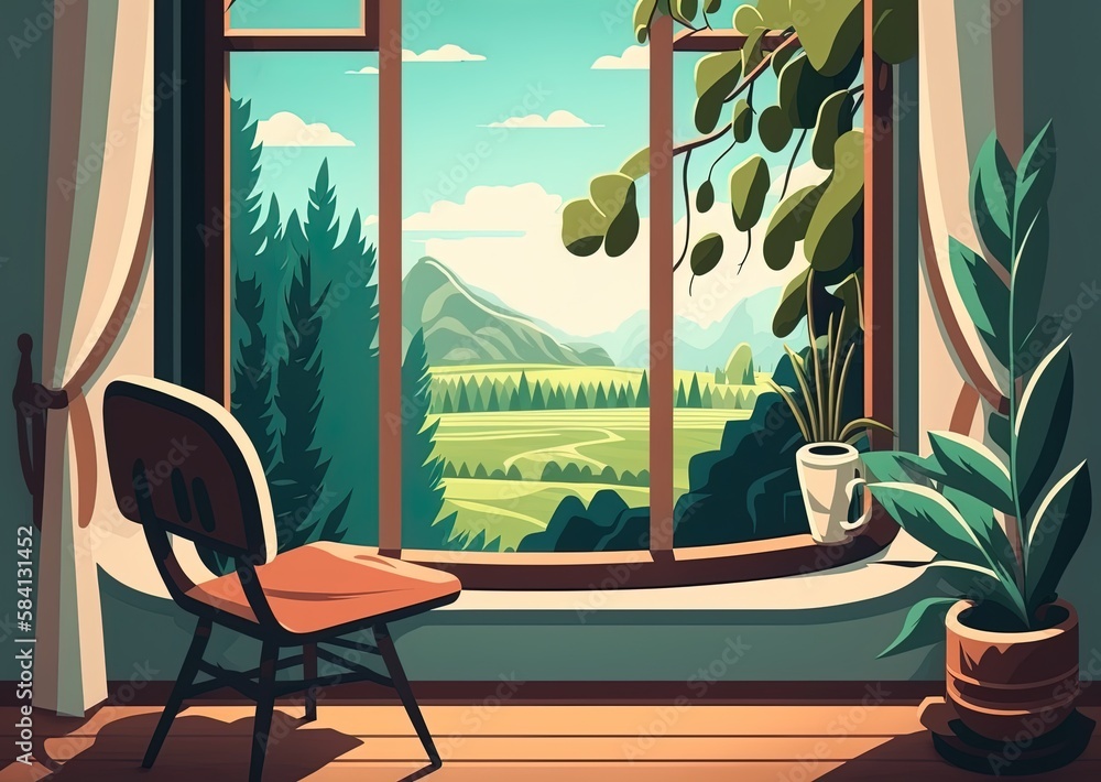Poster image taken vertically showing a chair and workstation next to a window overlooking a beautiful land