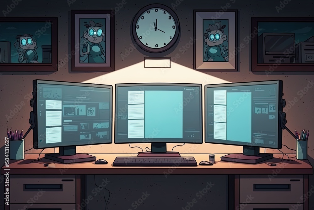 Poster a top-down view of a contemporary workstation including flat-screen clock displays generative ai