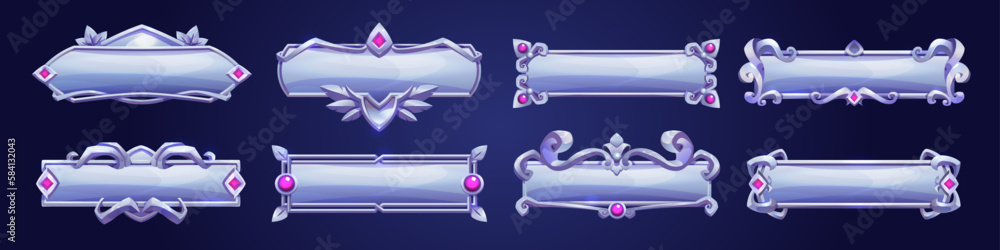 Poster buttons with fantasy frame for game ui design. silver banners or title bars with decorative borders 