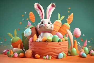 Easter bunny with coloured eggs in a bowl, 3d render