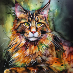 mainecoon cat in water color style