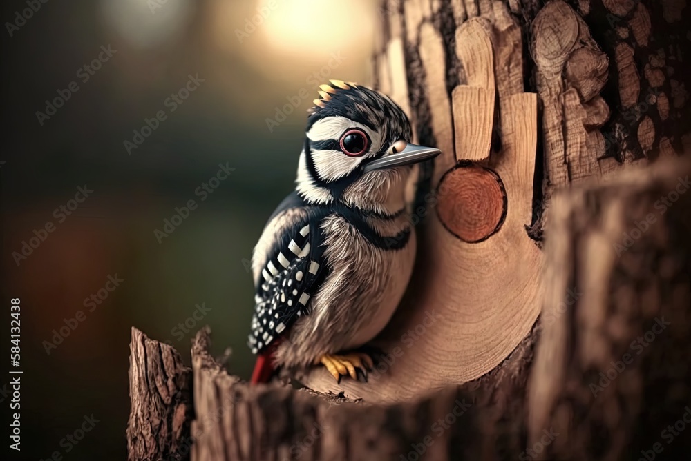 Aufkleber picture with vertical selective focus of a woodpecker on a tree trunk generative ai