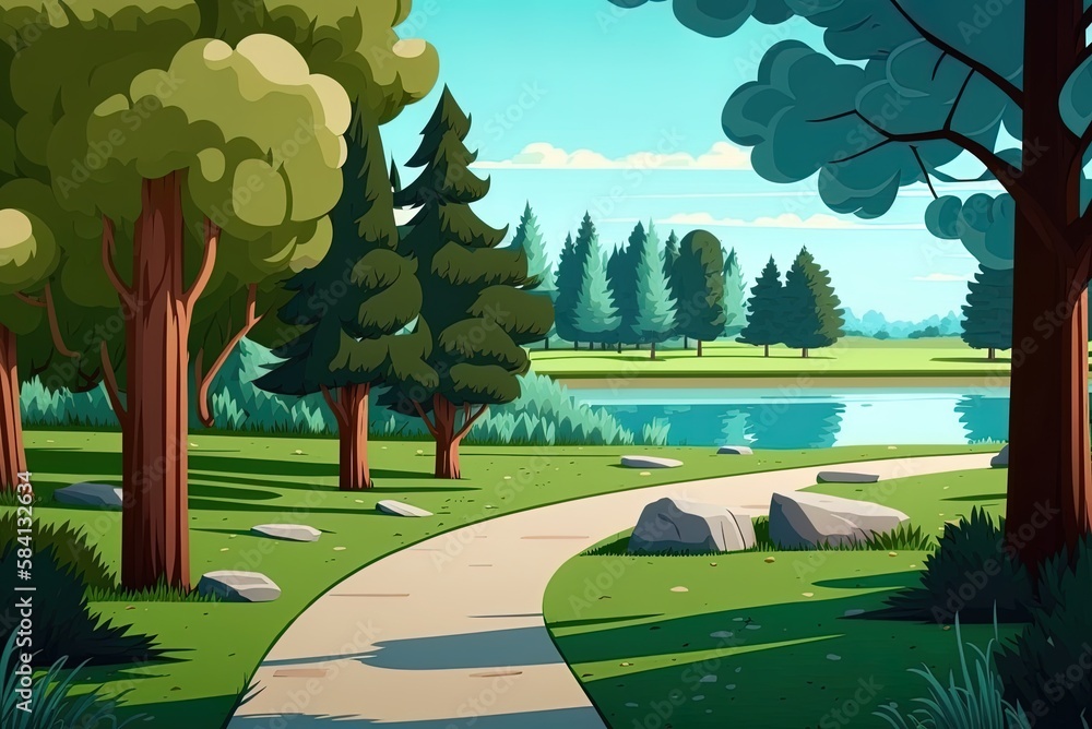 Poster the walk through a park with trees and a lake is seen vertically against a blue sky. generative ai