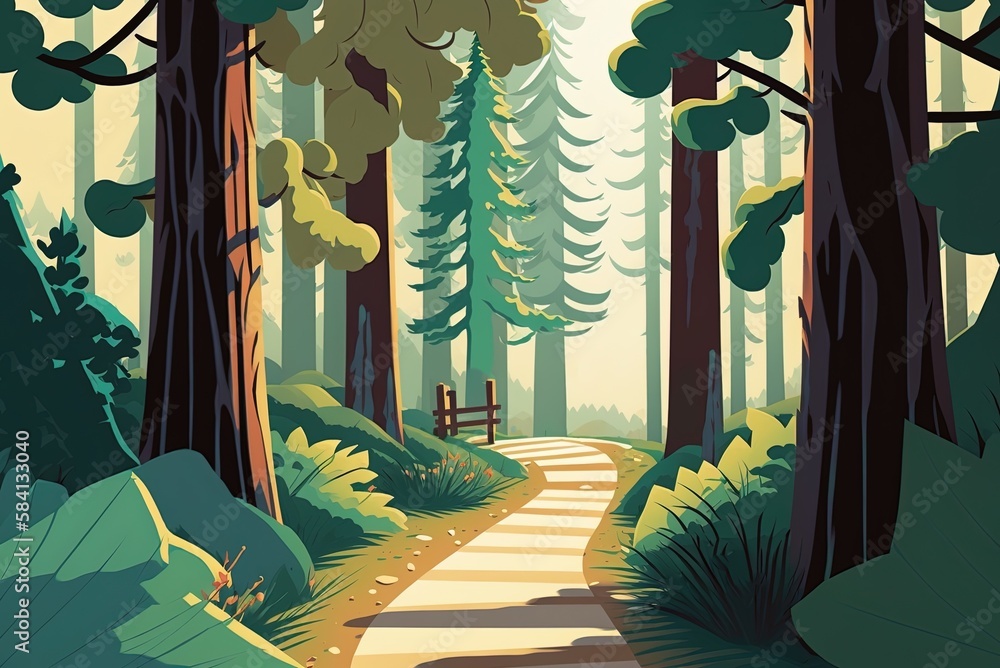 Poster panoramic view of a trail through the forests. generative ai