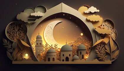 Whimsical paper art illustration of a mosque at sunset