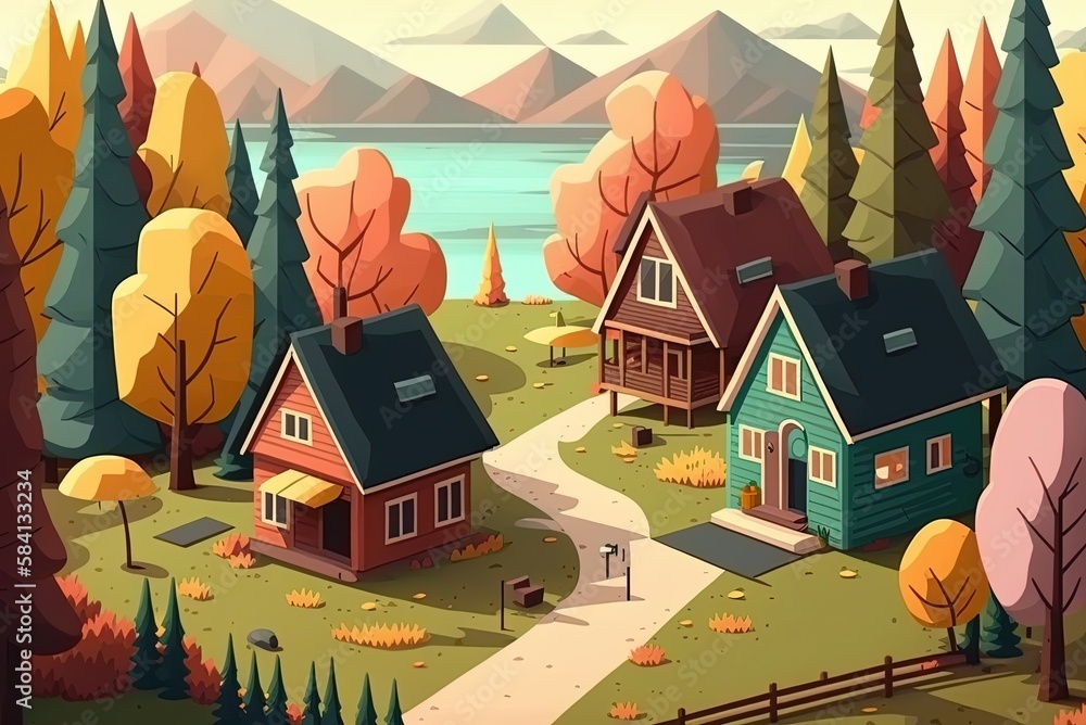 Poster landscape with cottages and beautiful trees in autumn shown vertically generative ai