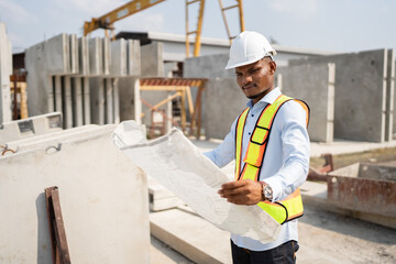 Portrait Asia man engineer hard working with paper work at precast cement factory	