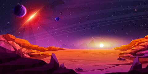 Mars landscape with red desert surface and rocky mountains. Vector cartoon illustration of alien planet background against night sky with stars shining bright on horizon. Space adventure game scenery