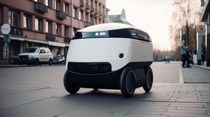 Modern delivery robot delivering packages around the city, intelligent automaton vehicle for the delivery of food and products. Generative AI - obrazy, fototapety, plakaty