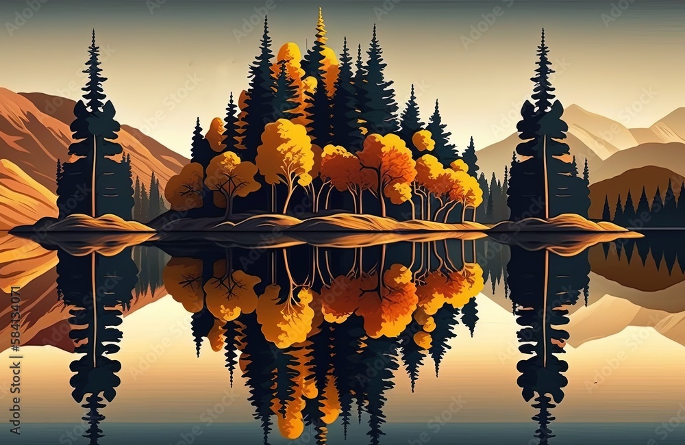 Aufkleber picture taken vertically in the fall, showing a forest and its reflection in a lake. generative ai