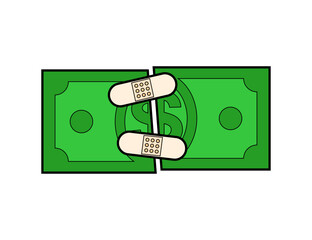 Dollar with band-aid. Torn money. Money treatment concept